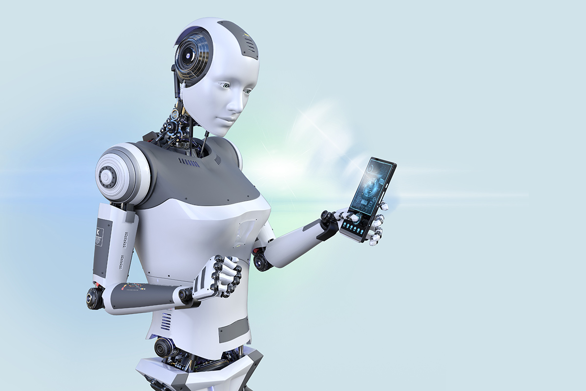 AIロボットがタブレットで情報収集している画像