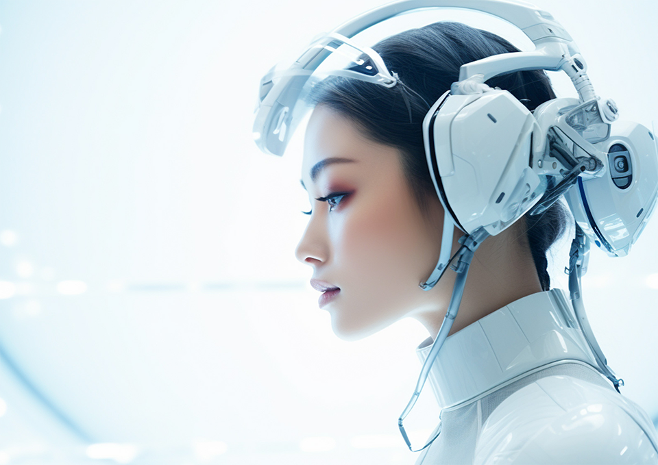 脳機能をアシストするヘッドギアを装着している女性の未来のイメージ画像